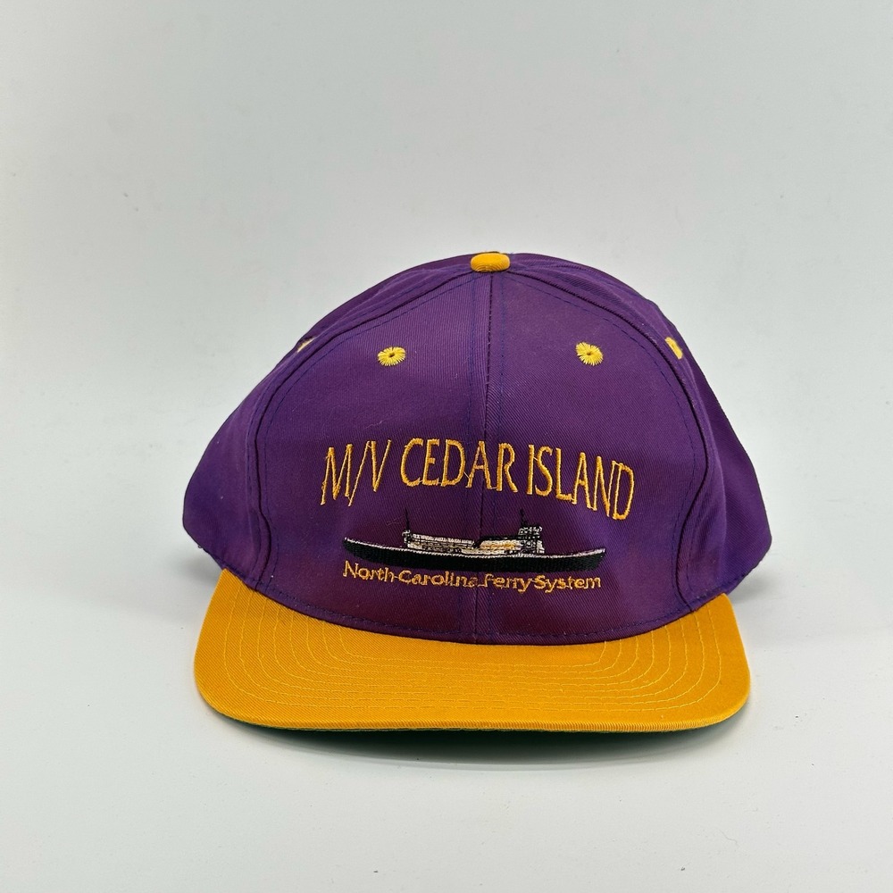 Vintage Cedar Island NC Snapback Hat Mens Purple M/V Ferry Pirate Script 90's